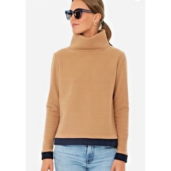 Avara Mock Neck Knit Sweater Top Tan with Navy Border Size M Medium EUC! - Picture 1 of 6